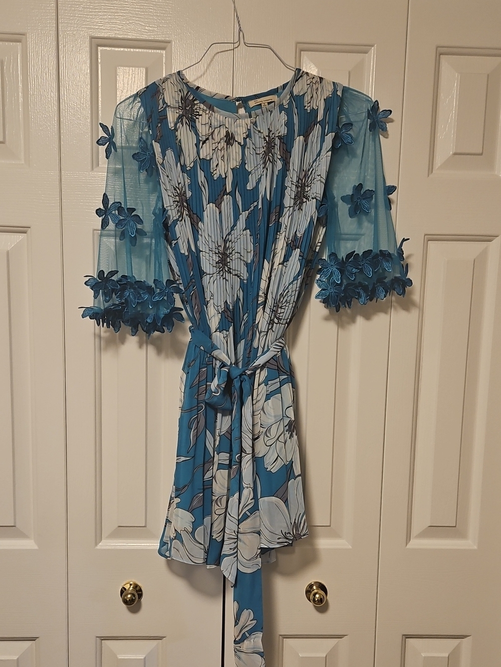 NWOT Blue Floral Tie-Waist Dress with Sheer Embroidered Sleeves